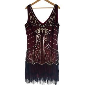 Gatsby Beaded Fringe Flapper Dress XXL NWT Burgandy Black Gold Beaded Sequins